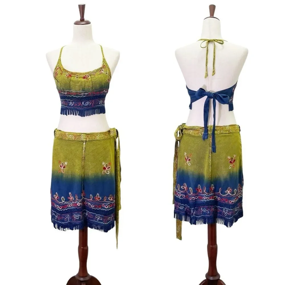 Flower Tie Dye Crop Top Wrap Skirt Set Free Size Boho Festival India Blue Green